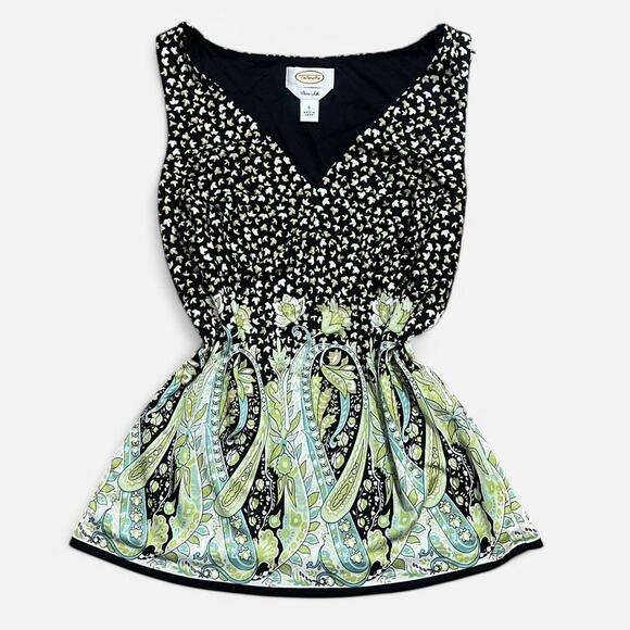 VTG Y2K Talbots Pure Silk Black, Green & White Floral Paisley Boho Fairy Top 6/S - Picture 1 of 7